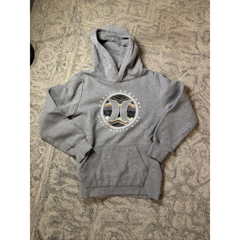 Hurley Hoodie Boys Small 7/8 Heather Gray Logo Graphic Fleece Lined Cotton